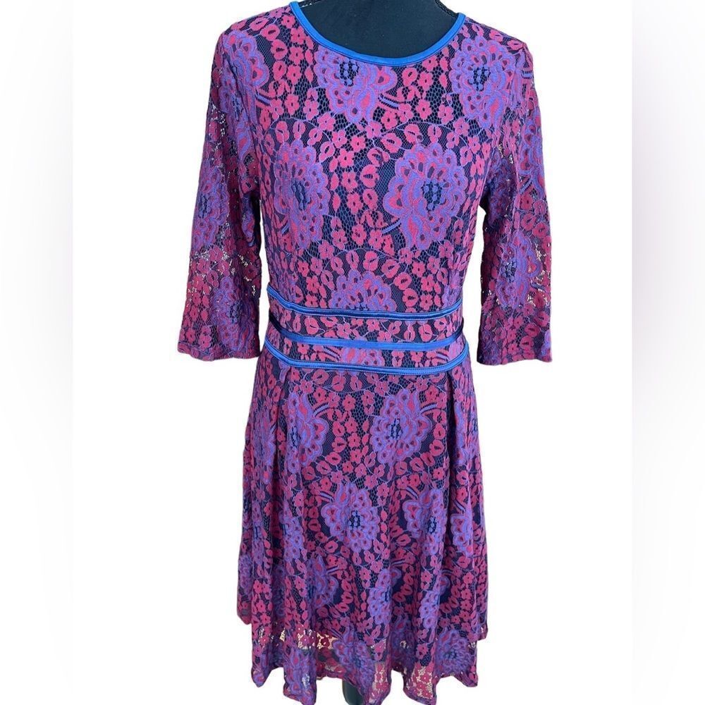 MIUSOL red/blue lace lined fit and flare midi dress w/ elbow length sleeves sz M